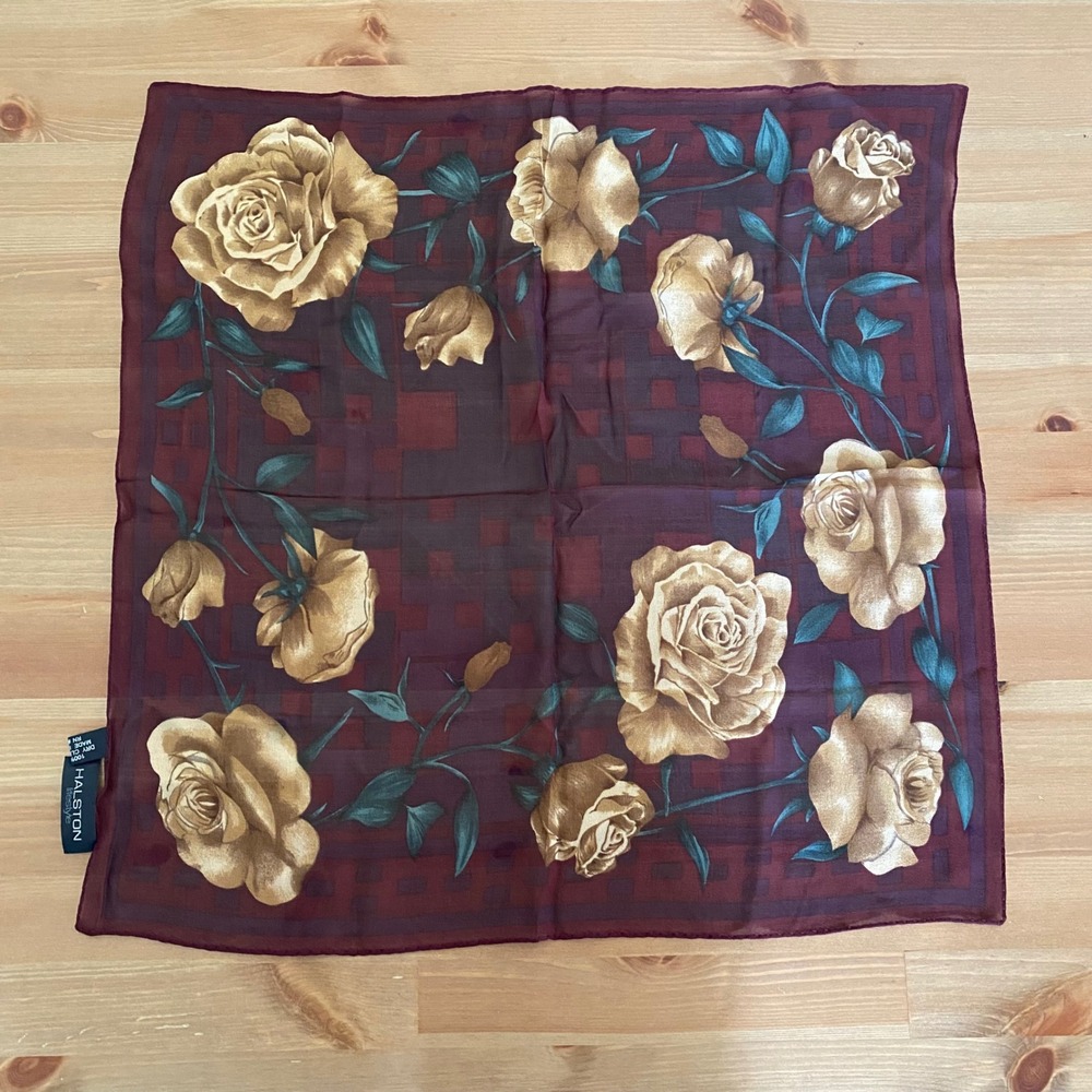 VTG Halston Lifestyle Burgundy Gold Rose Floral Silk Square Scarf